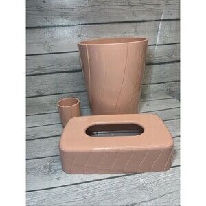 Plastic Pink Mauve Bathroom Set Tissue Box Toothbrush Holder Cup Trash Can Vtg